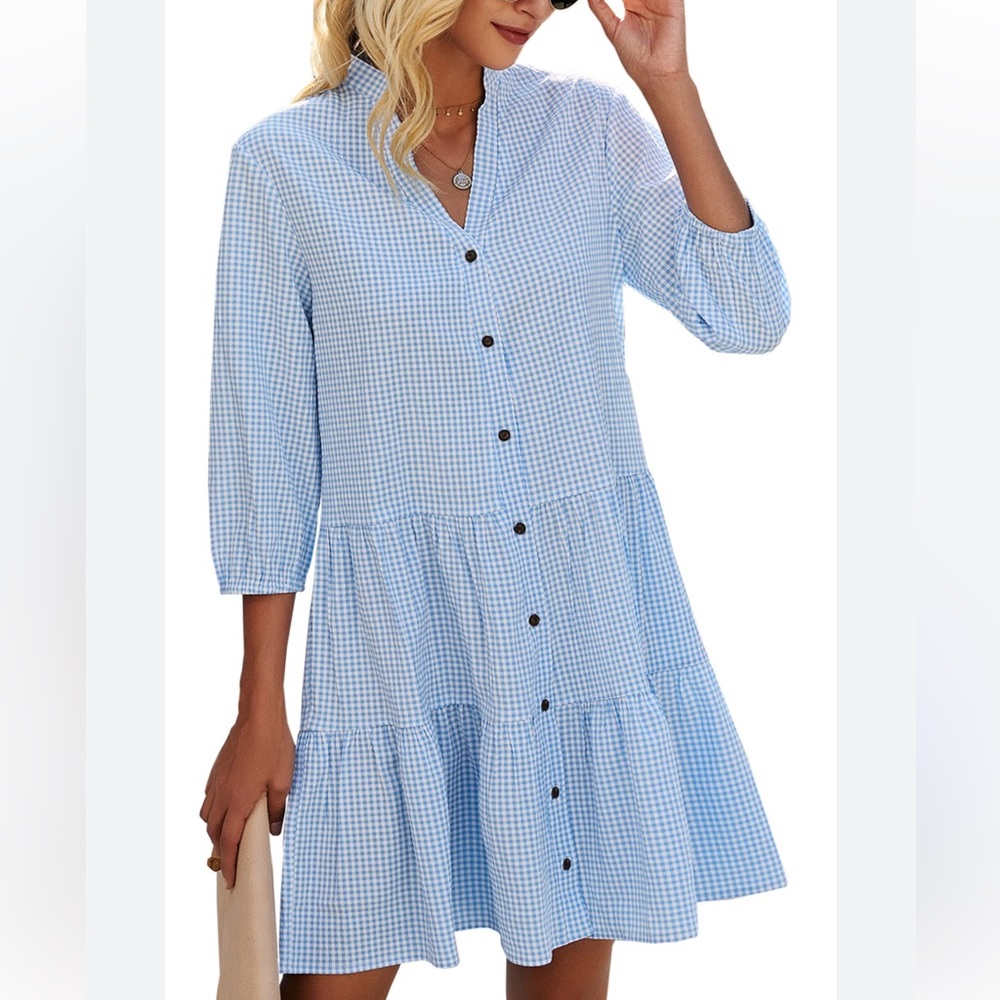 CCTOO gingham‎ Blue tiered Button-Down Dress 3/4 sleeves Sz M